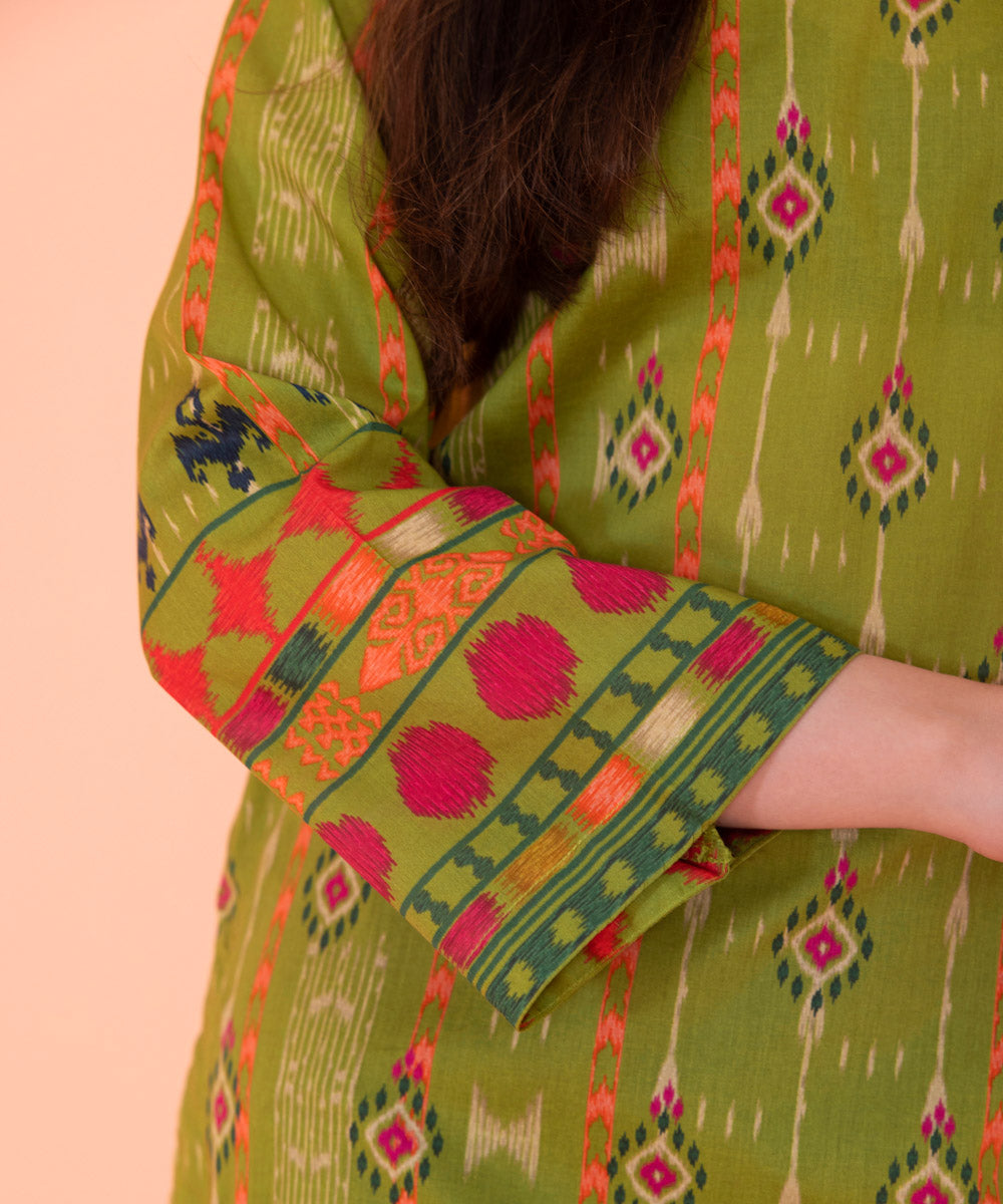 Women's Intermix Pret Printed Textured Lawn Green Shirt