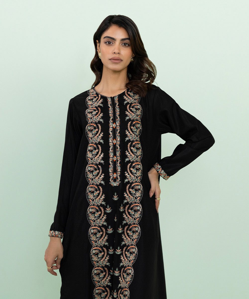 Women's Pret Cottel Solid Embroidered Black Straight Shirt