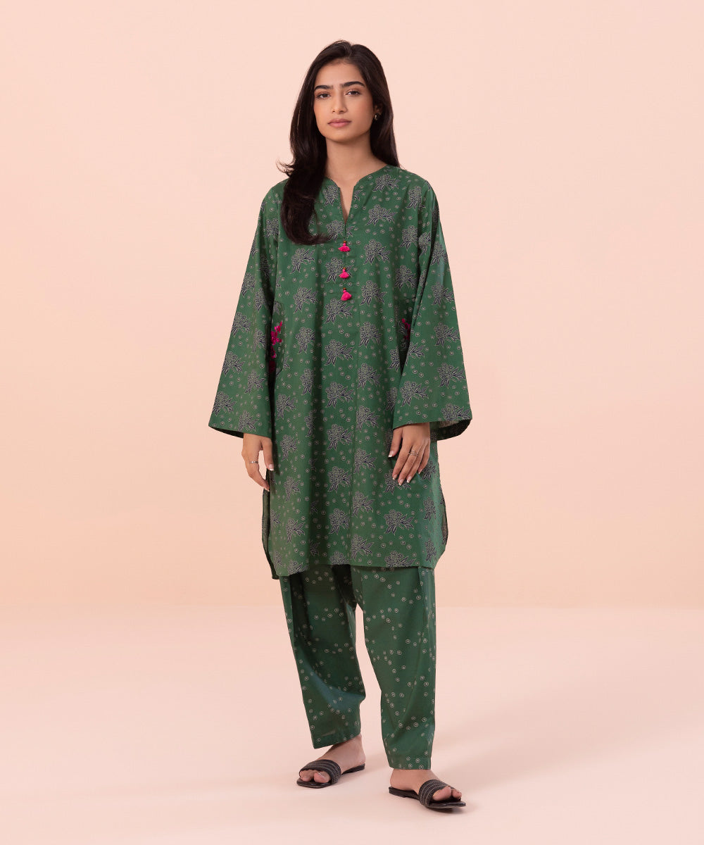 Women's Pret Independence Day Printed Embroidered Cotton Green Shirt