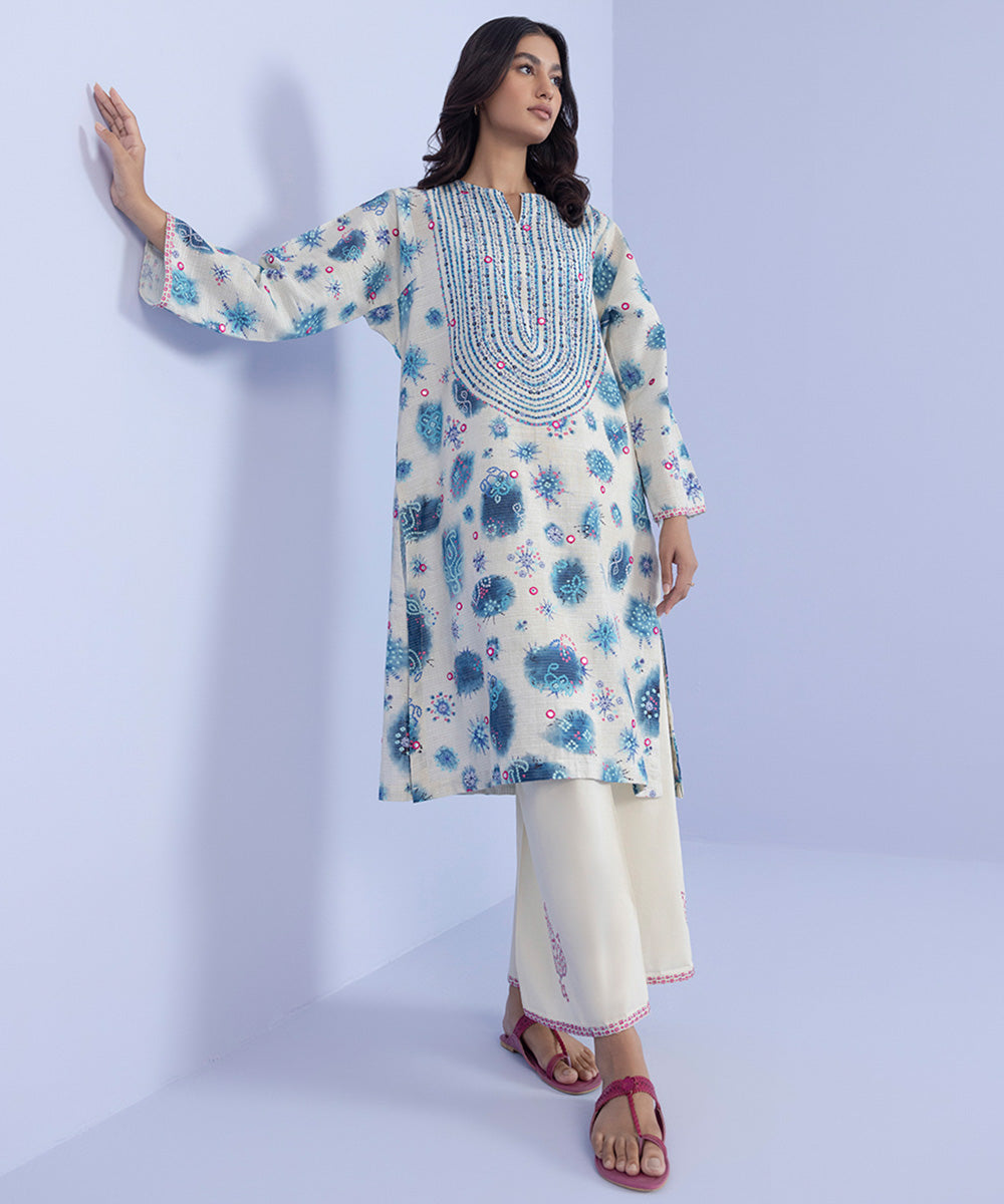Women's Pret Zari Khaddar Embroidered Blue Straight Shirt