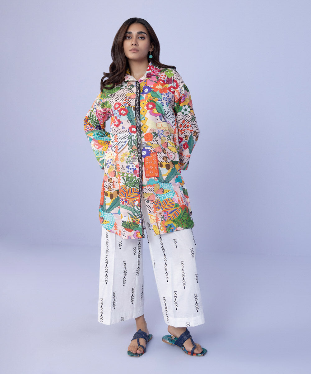 Women's Pret Zari Khaddar Embroidered Multi Button Down Shirt