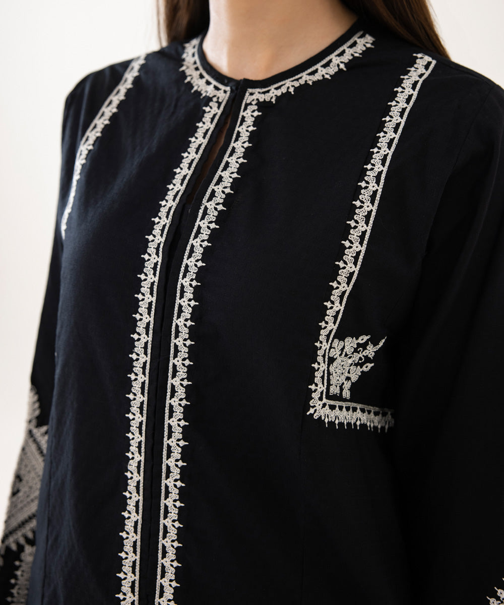 Women's Intermix Pret Dobby Printed Embroidered Black Shirt