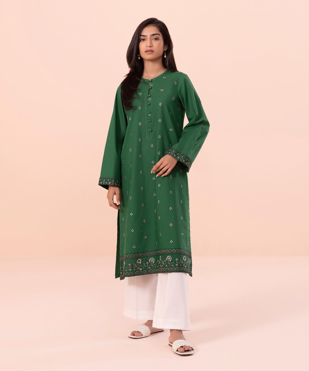 Women's Pret Independence Day Embroidered Dobby Green Shirt