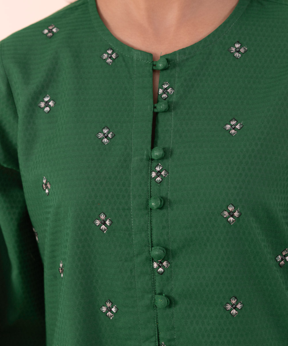 Women's Pret Independence Day Embroidered Dobby Green Shirt