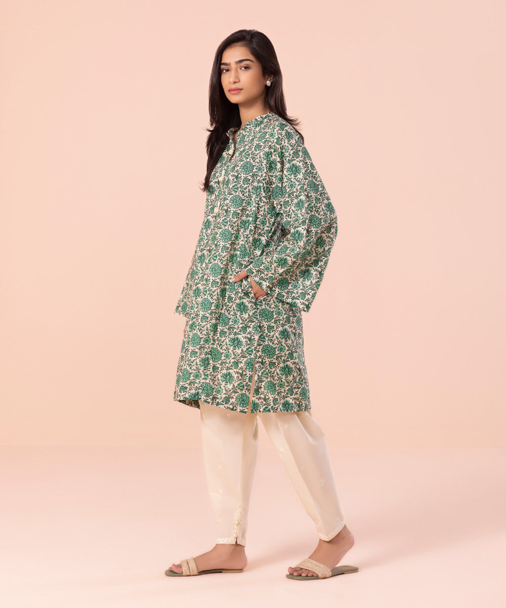 Women's Pret Independence Day Printed Embroidered Cotton Green Shirt