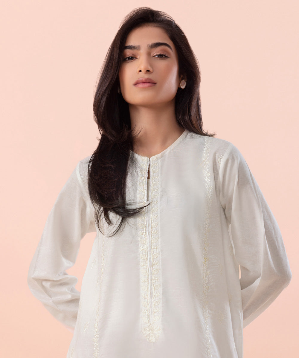 Women's Pret Independence Day Solid Embroidered Self Jacquard White Shirt