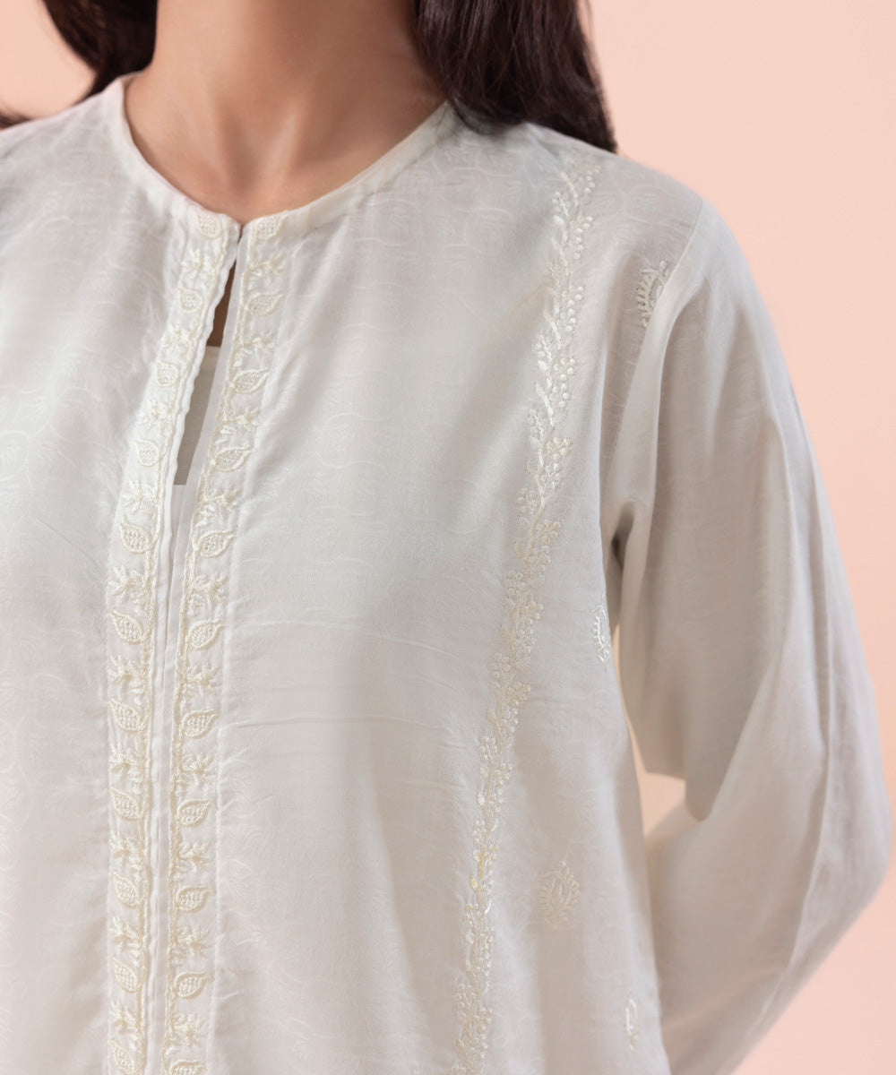 Women's Pret Independence Day Solid Embroidered Self Jacquard White Shirt