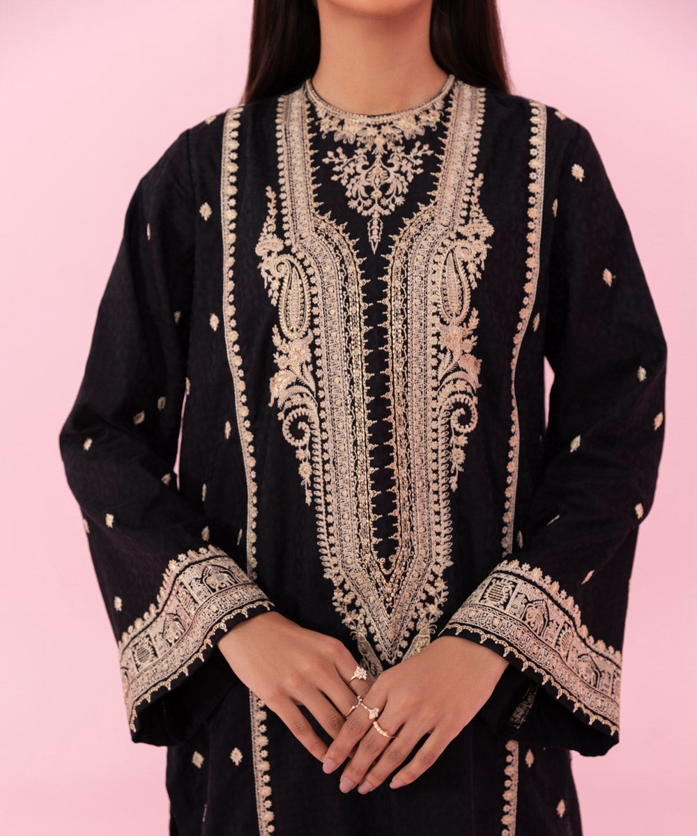 Women's Pret Embroidered Self Jacquard Black A-line Shirt
