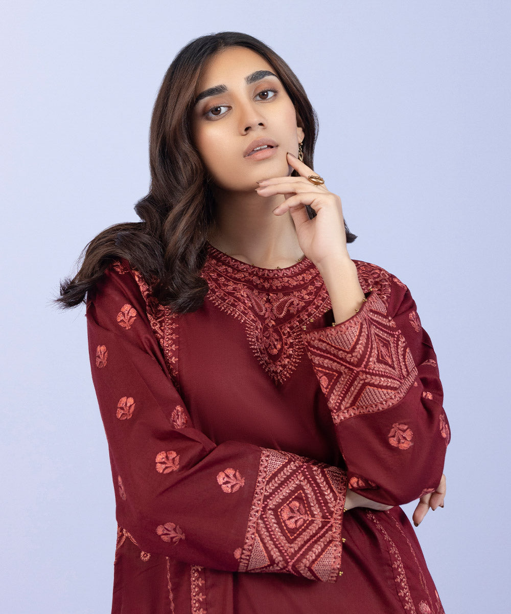 Women's Pret Cotton Viscose Embroidered Red Straight Shirt