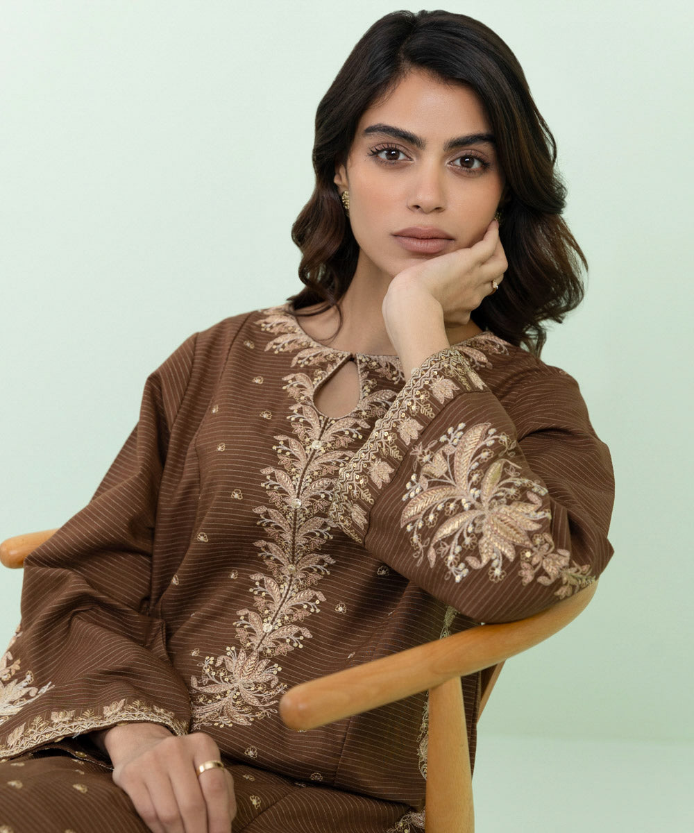 Women's Pret Zari Khaddar Solid Embroidered Brown Straight Shirt