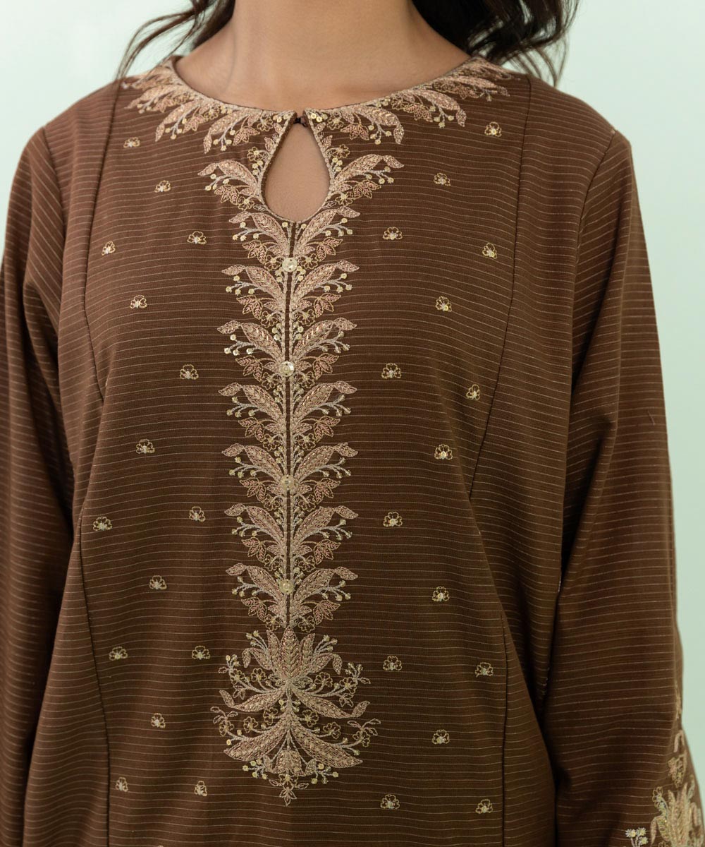 Women's Pret Zari Khaddar Solid Embroidered Brown Straight Shirt