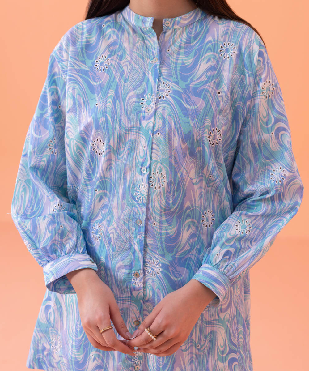 Women's Intermix Pret Embroidered Cambric Blue Shirt