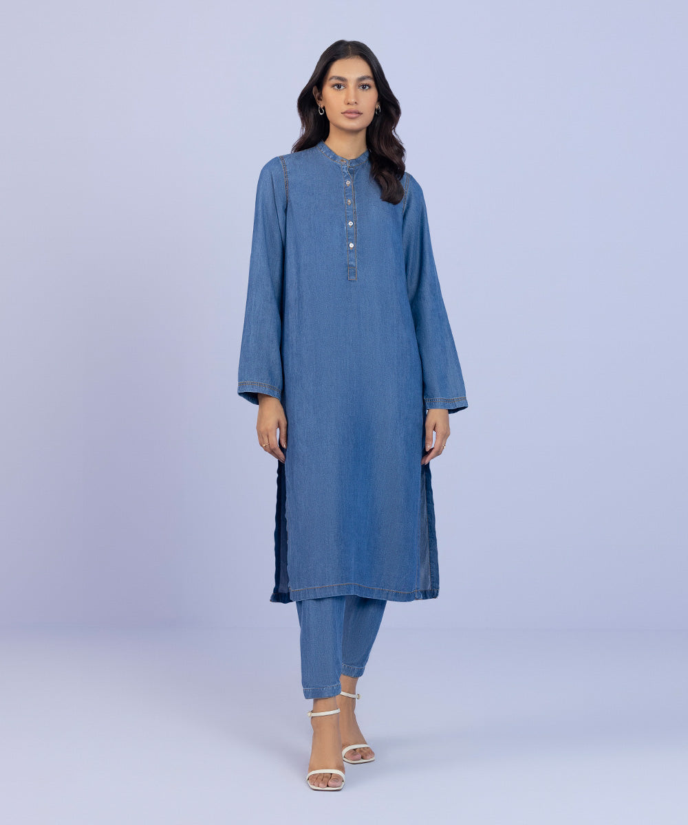 Women's Pret Cotton Denim Solid Blue 2 Piece Suit