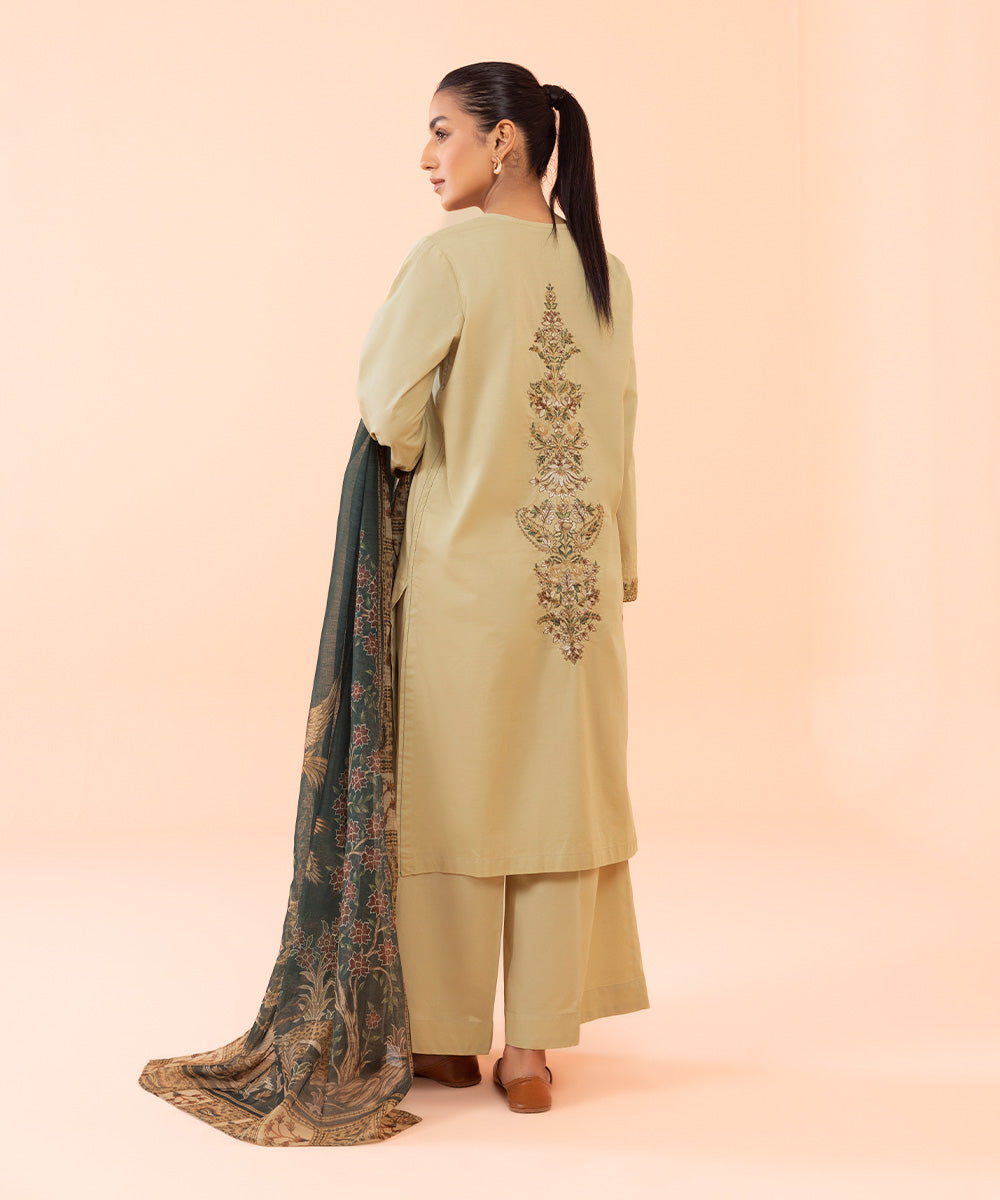 Women's Intermix Pret Embroidered Textured Cambric Beige 3 Piece Suit