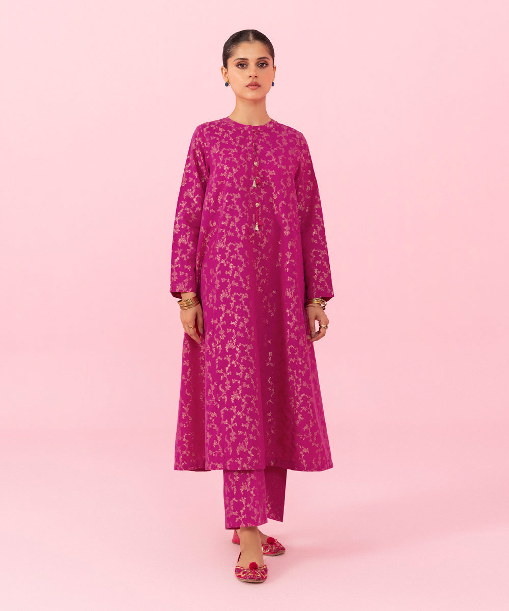 Women's Festive Pret Solid Extra Weft Jacquard Pink 2 Piece Suit