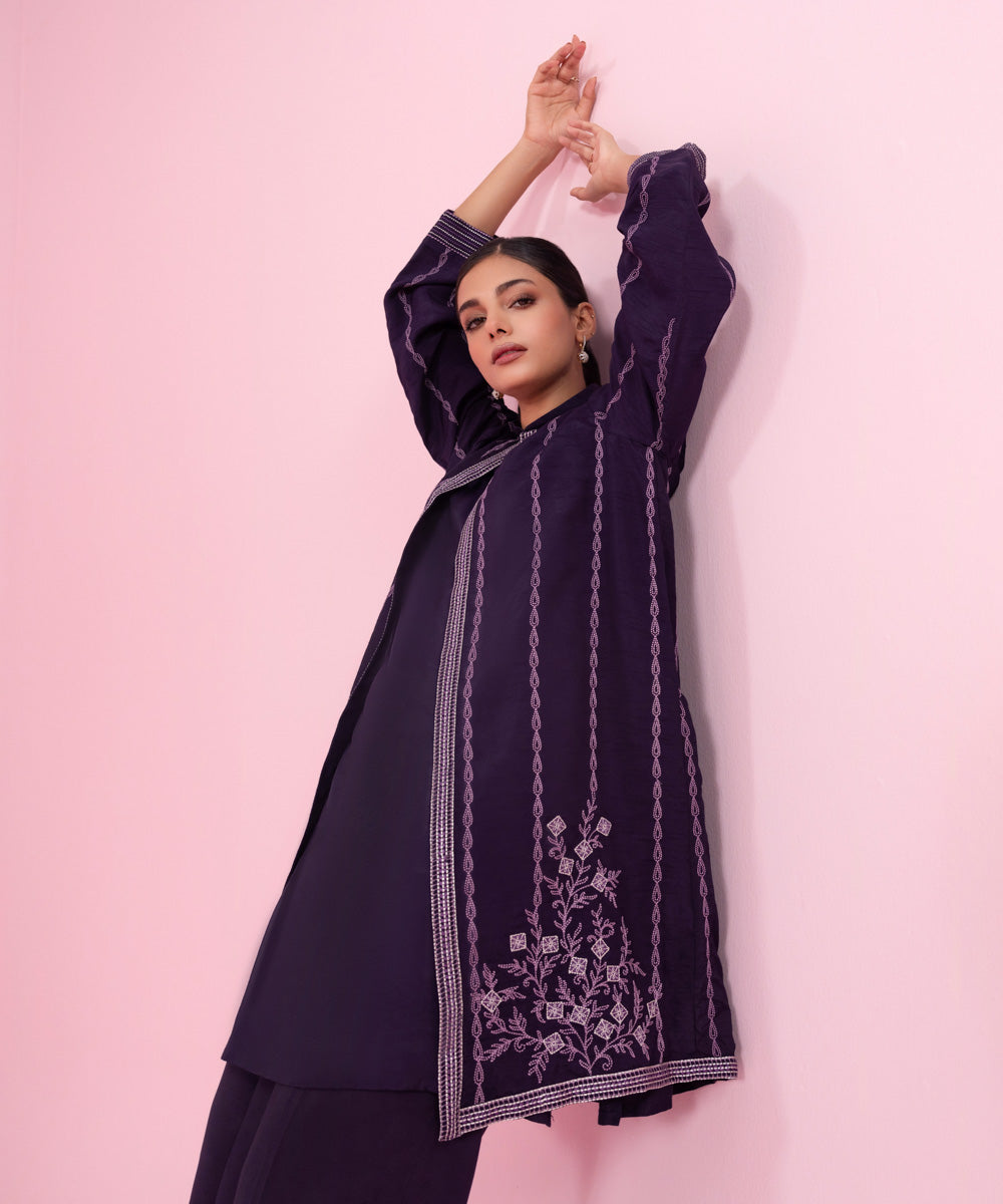 Women's Festive Pret Embroidered Raw Silk Purple 2 Piece Suit
