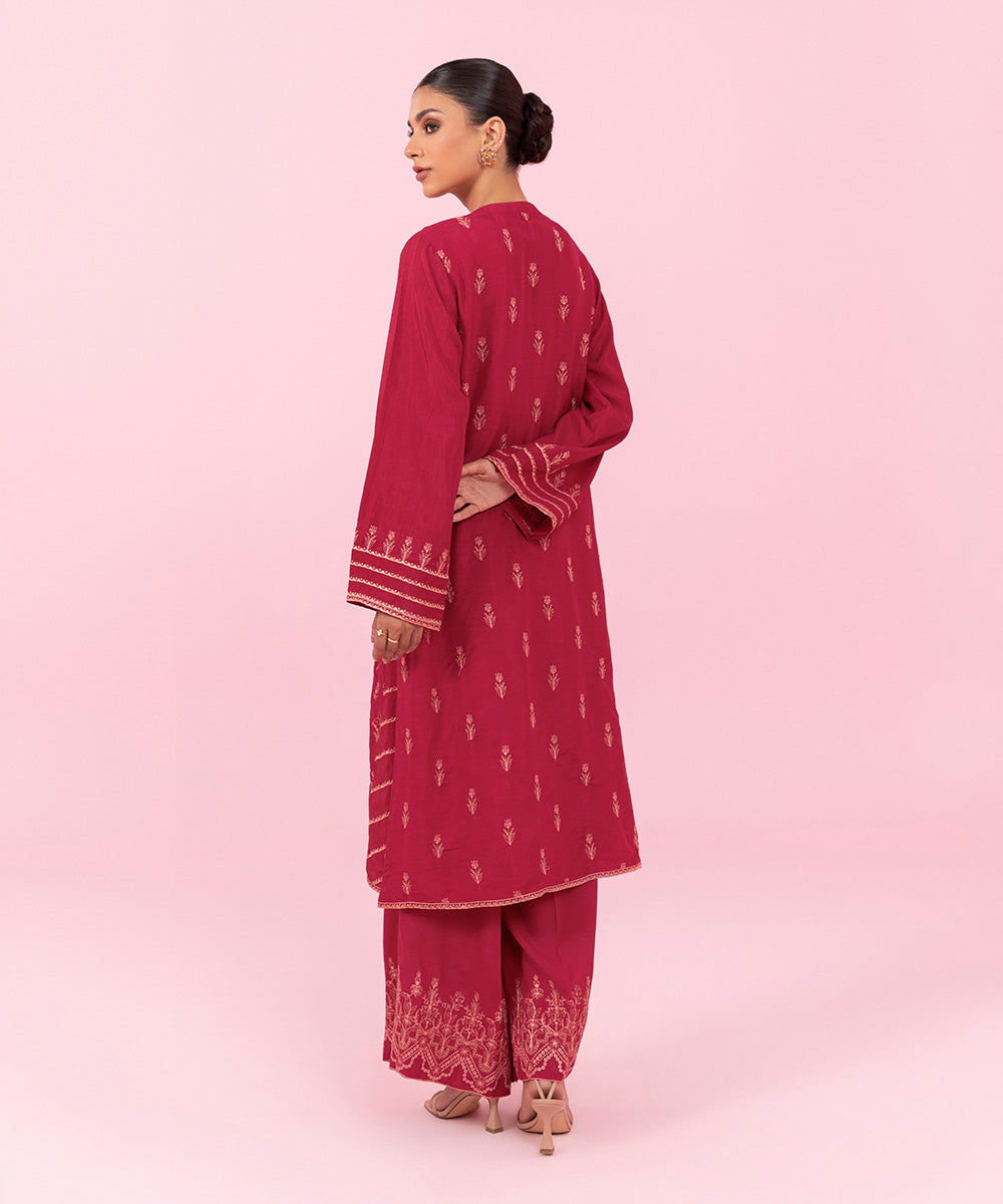 Women's Festive Pret Embroidered Raw Silk Red 2 Piece Suit