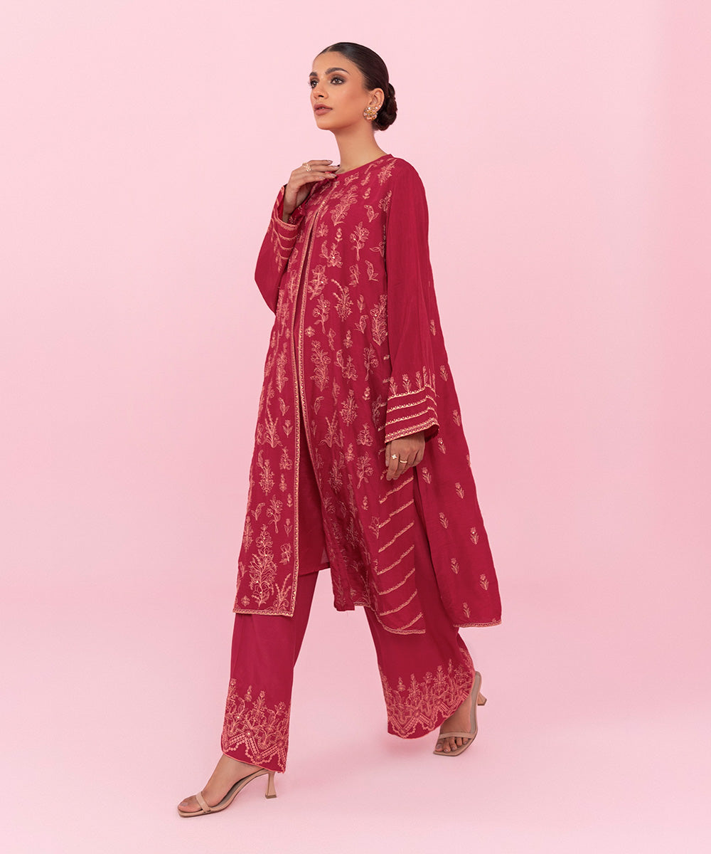 Women's Festive Pret Embroidered Raw Silk Red 2 Piece Suit