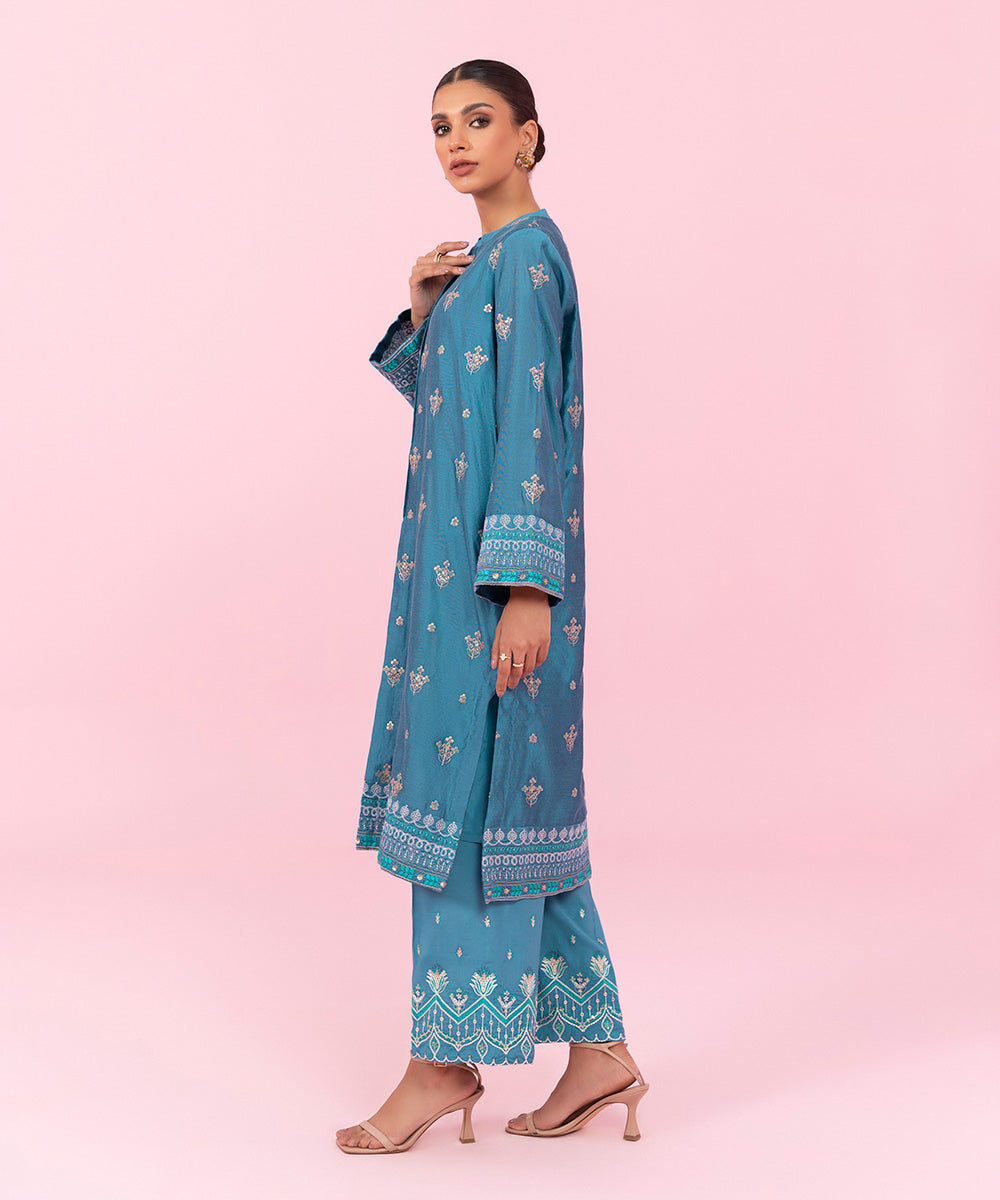 Women's Festive Pret Embroidered Silk Cotton Net Blue 2 Piece Suit
