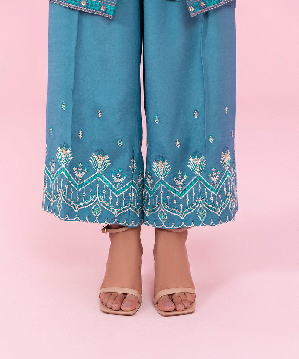 Women's Festive Pret Embroidered Silk Cotton Net Blue 2 Piece Suit