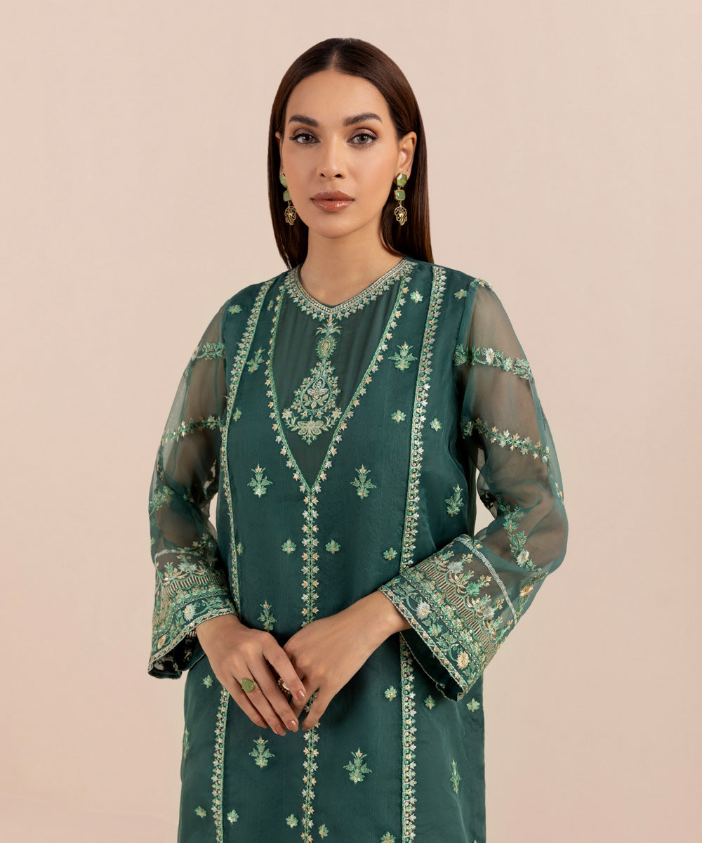 Women's Pret Organza Embroidered Green 2 Piece Suit