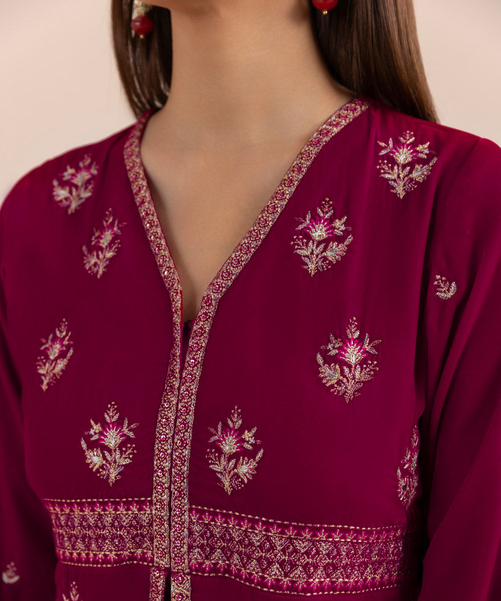 Women's Pret Velvet Red Embroidered  A line Shirt