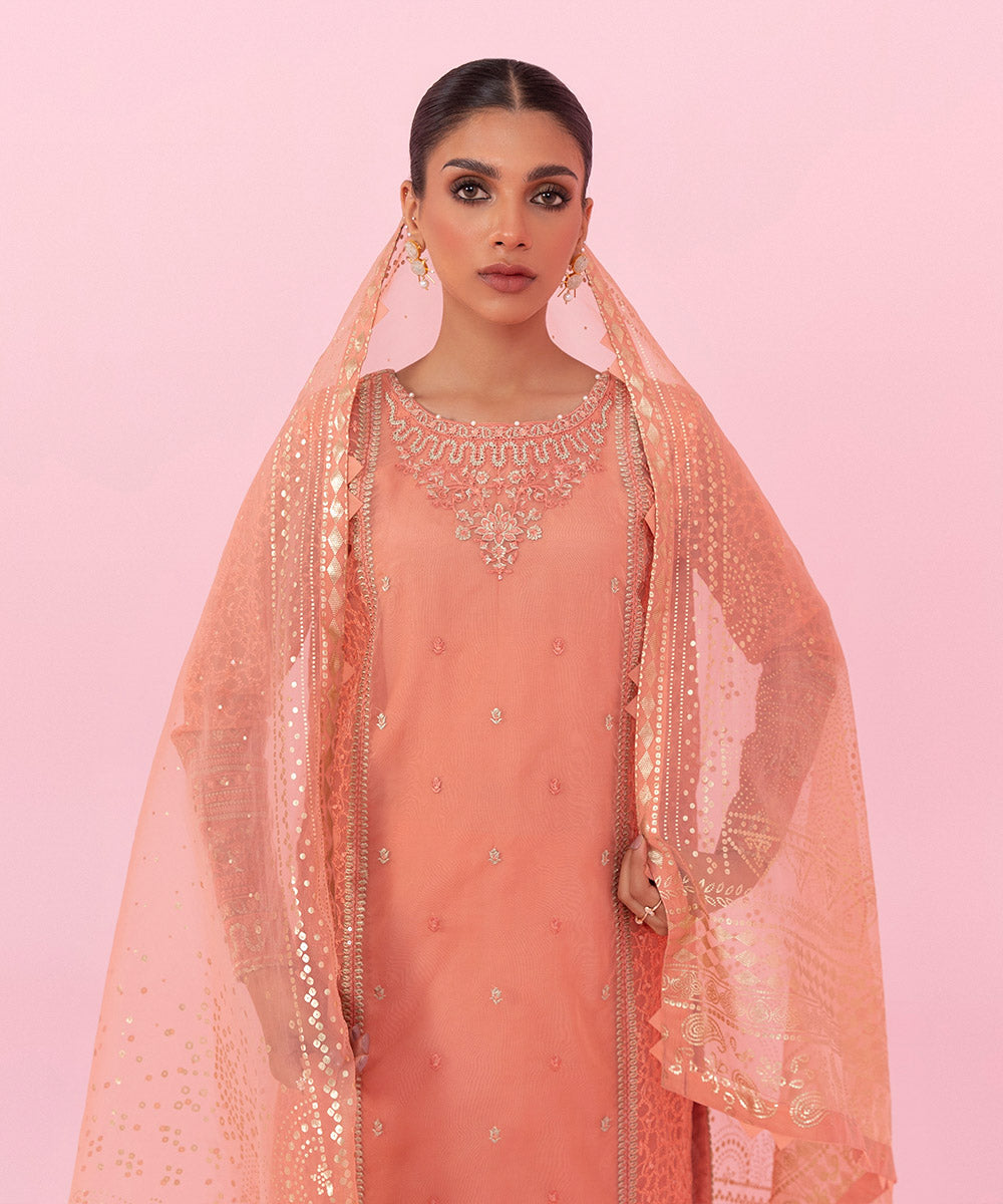 Women's Festive Pret Embroidered Organza Pink 3 Piece Suit with Sharara