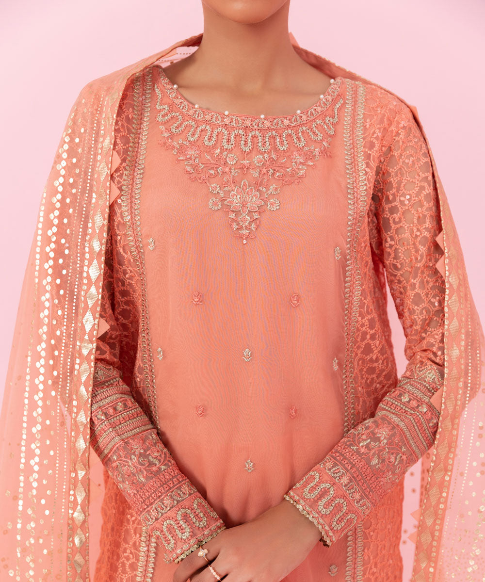Women's Festive Pret Embroidered Organza Pink 3 Piece Suit with Sharara