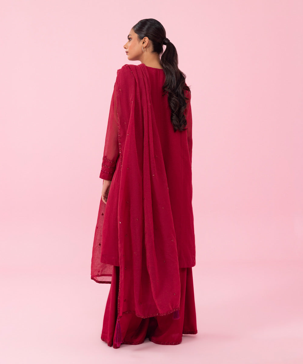 Women's Festive Pret Embroidered Karandi Dobby Red 3 Piece Suit with Sharara