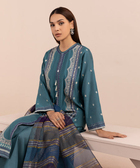Women's Pret Silk Cotton Net Embroidered Green 3 Piece Suit