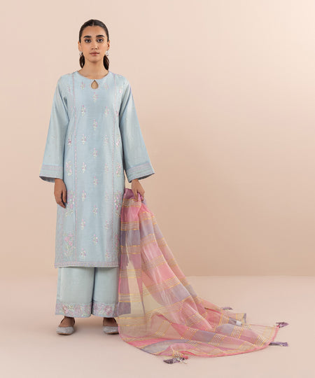 Women's Pret Silk Cotton Net Embroidered Blue 3 Piece Suit