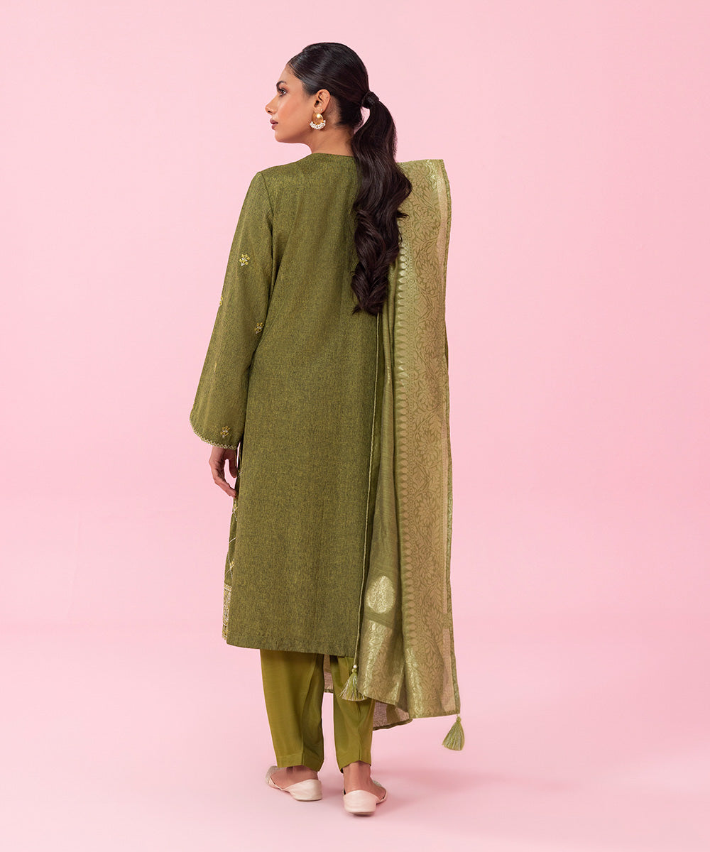 Women's Festive Pret Embroidered Raw Silk Green 3 Piece Suit