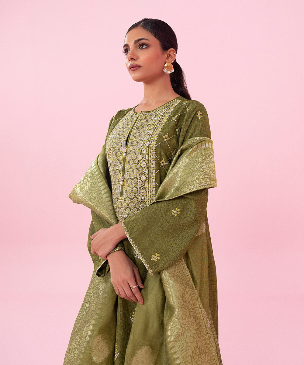 Women's Festive Pret Embroidered Raw Silk Green 3 Piece Suit
