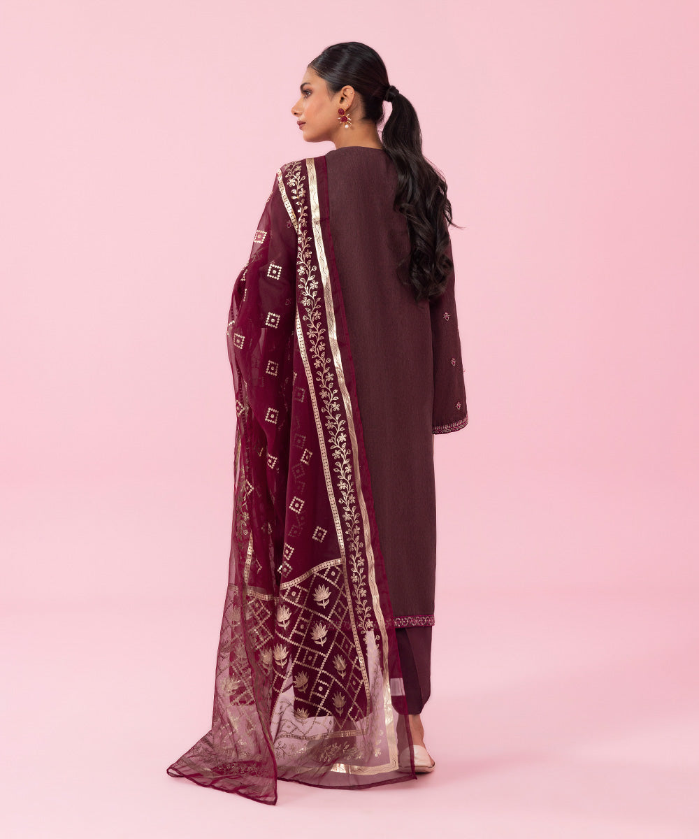 Women's Festive Pret Embroidered Raw Silk Purple 3 Piece Suit