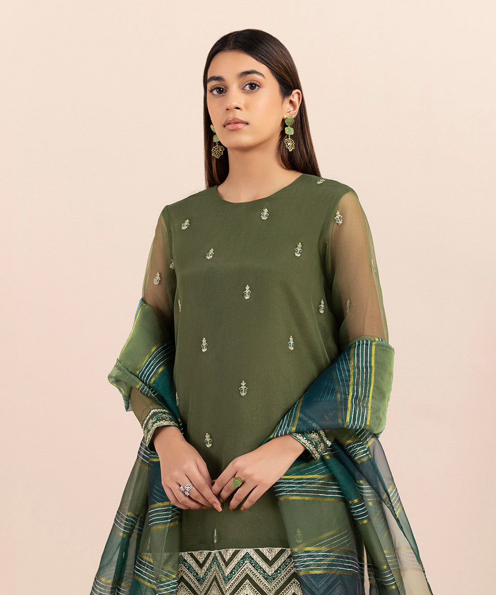 Women's Pret Organza Embroidered Green 3 Piece Suit