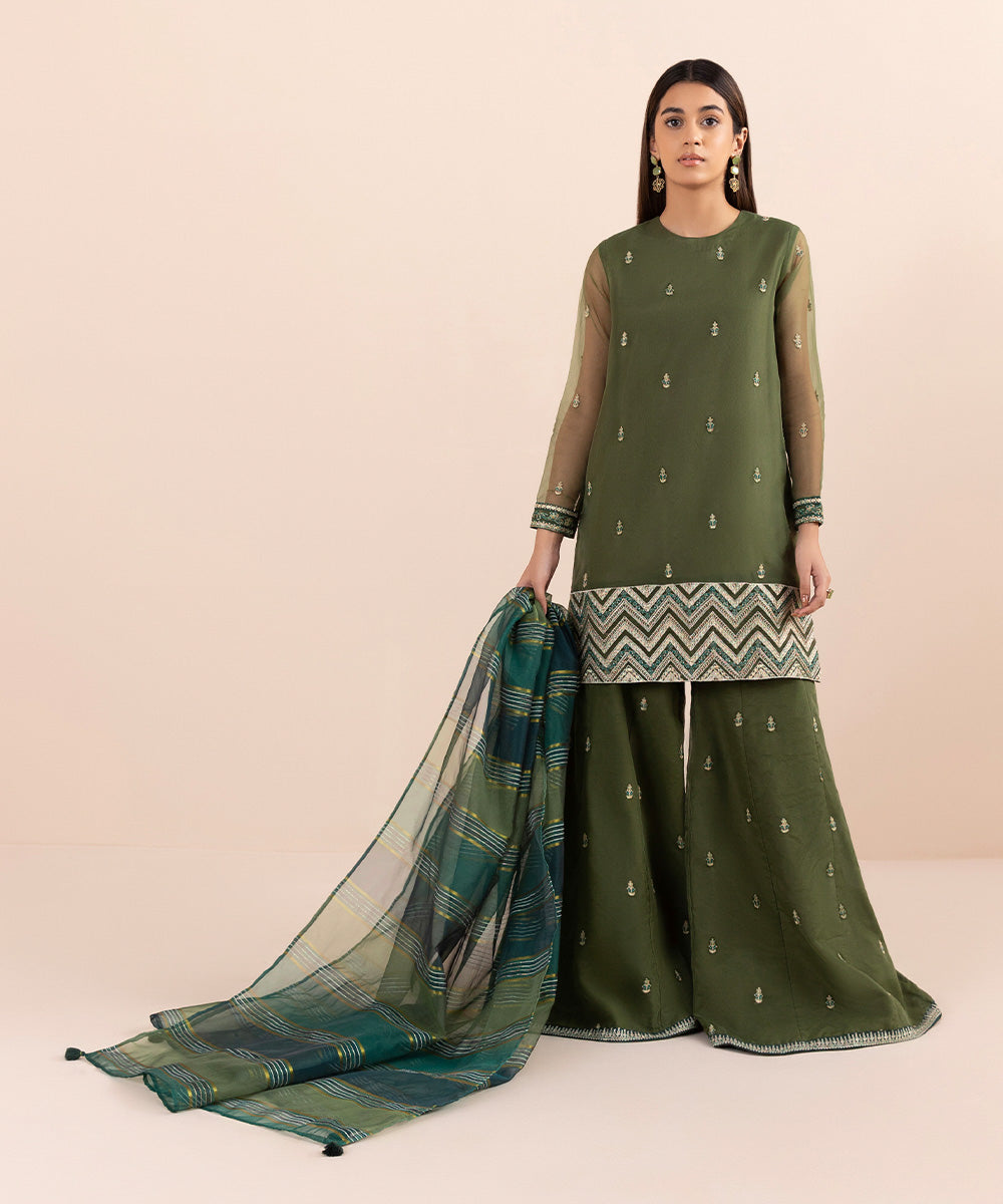 Women's Pret Organza Embroidered Green 3 Piece Suit