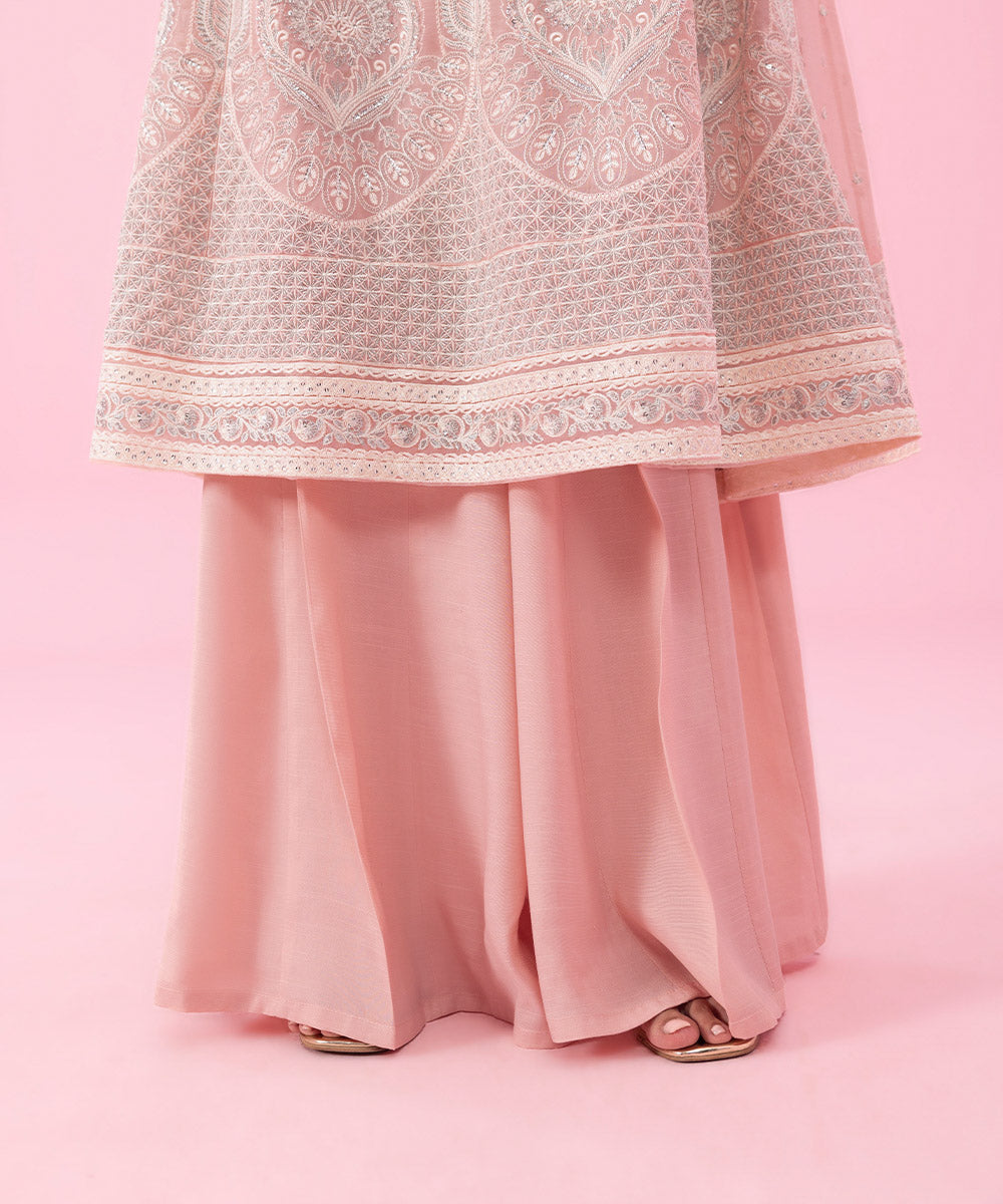 Women's Festive Pret Embroidered Chiffon Pink 2 Piece Suit with Sharara