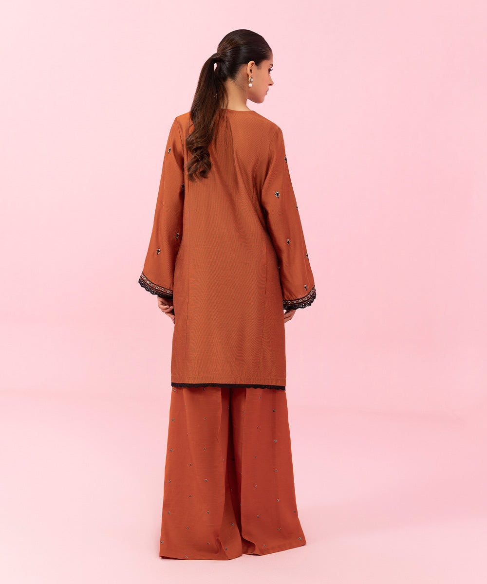 Women's Festive Pret Embroidered Silk Cotton Net Orange 2 Piece Suit with Sharara