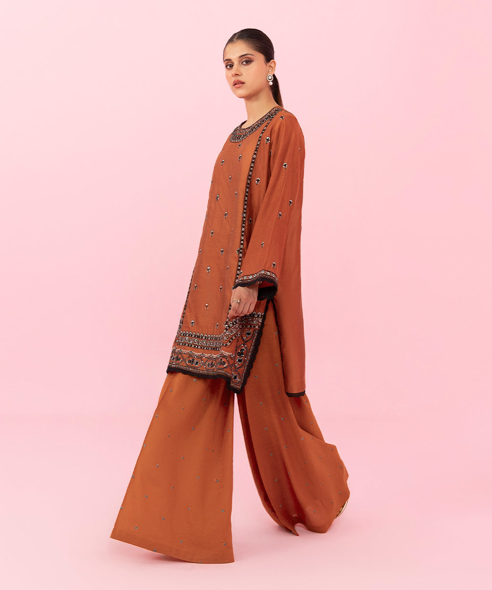 Women's Festive Pret Embroidered Silk Cotton Net Orange 2 Piece Suit with Sharara