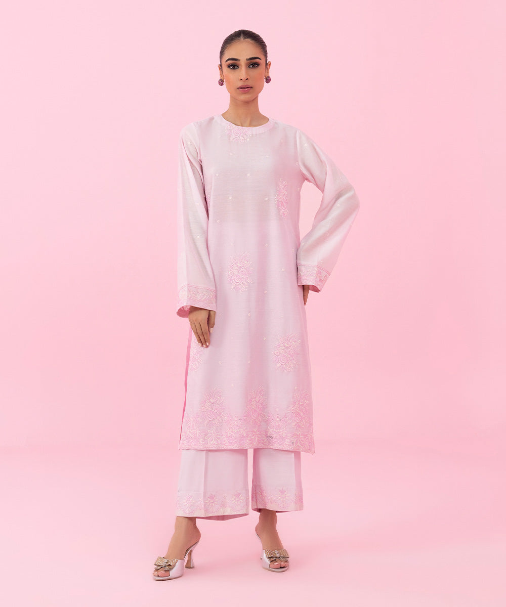 Women's Festive Pret Embroidered Silk Cotton Net Pink 2 Piece Suit