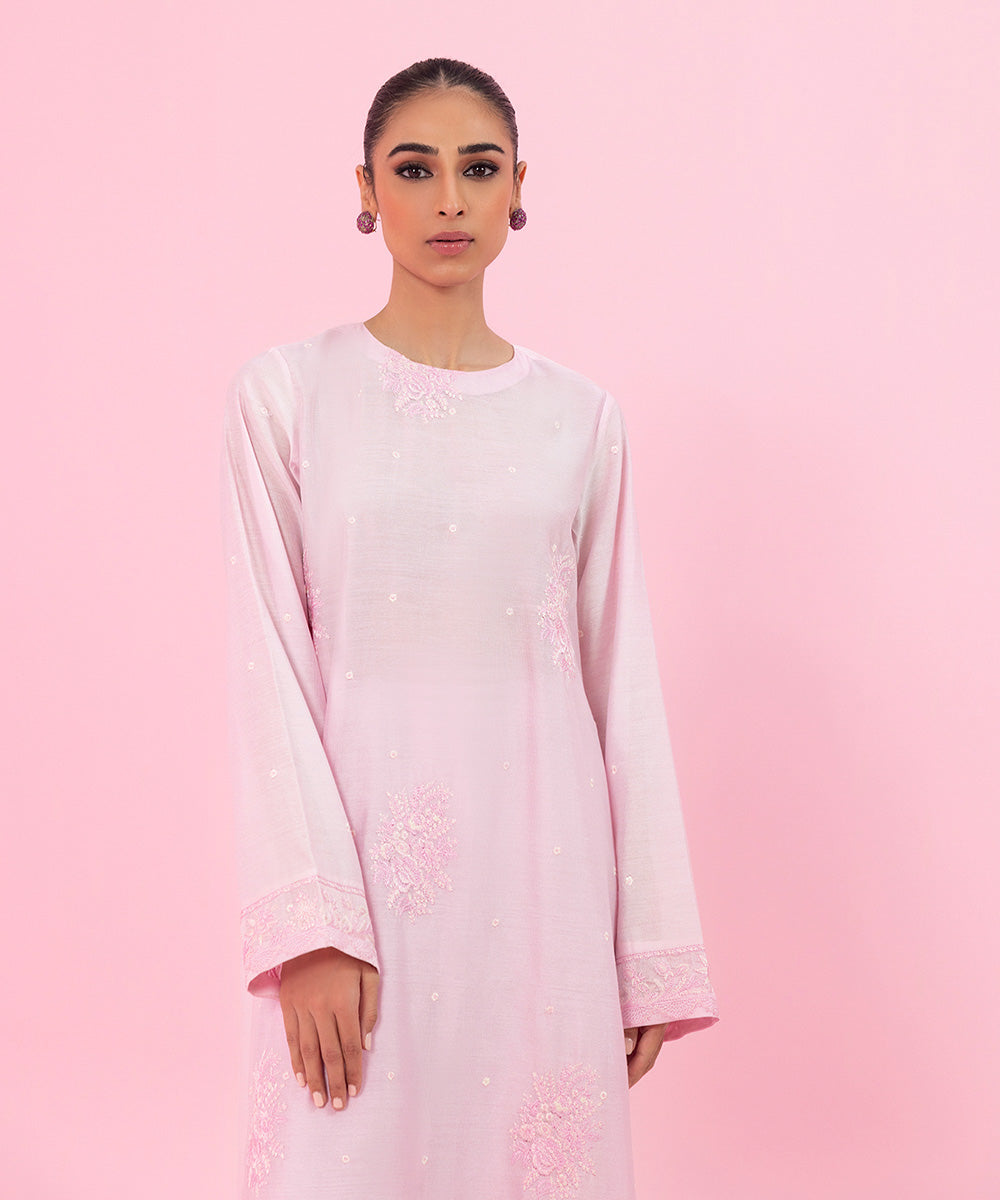 Women's Festive Pret Embroidered Silk Cotton Net Pink 2 Piece Suit