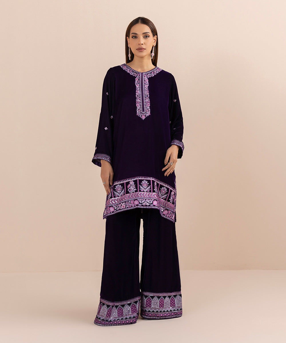 Women's Pret Velvet Embroidered Purple 2 Piece Suit
