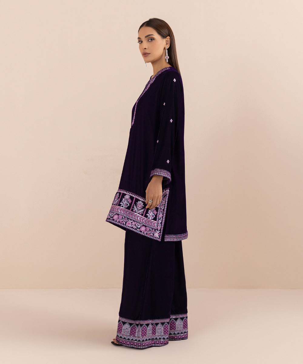 Women's Pret Velvet Embroidered Purple 2 Piece Suit