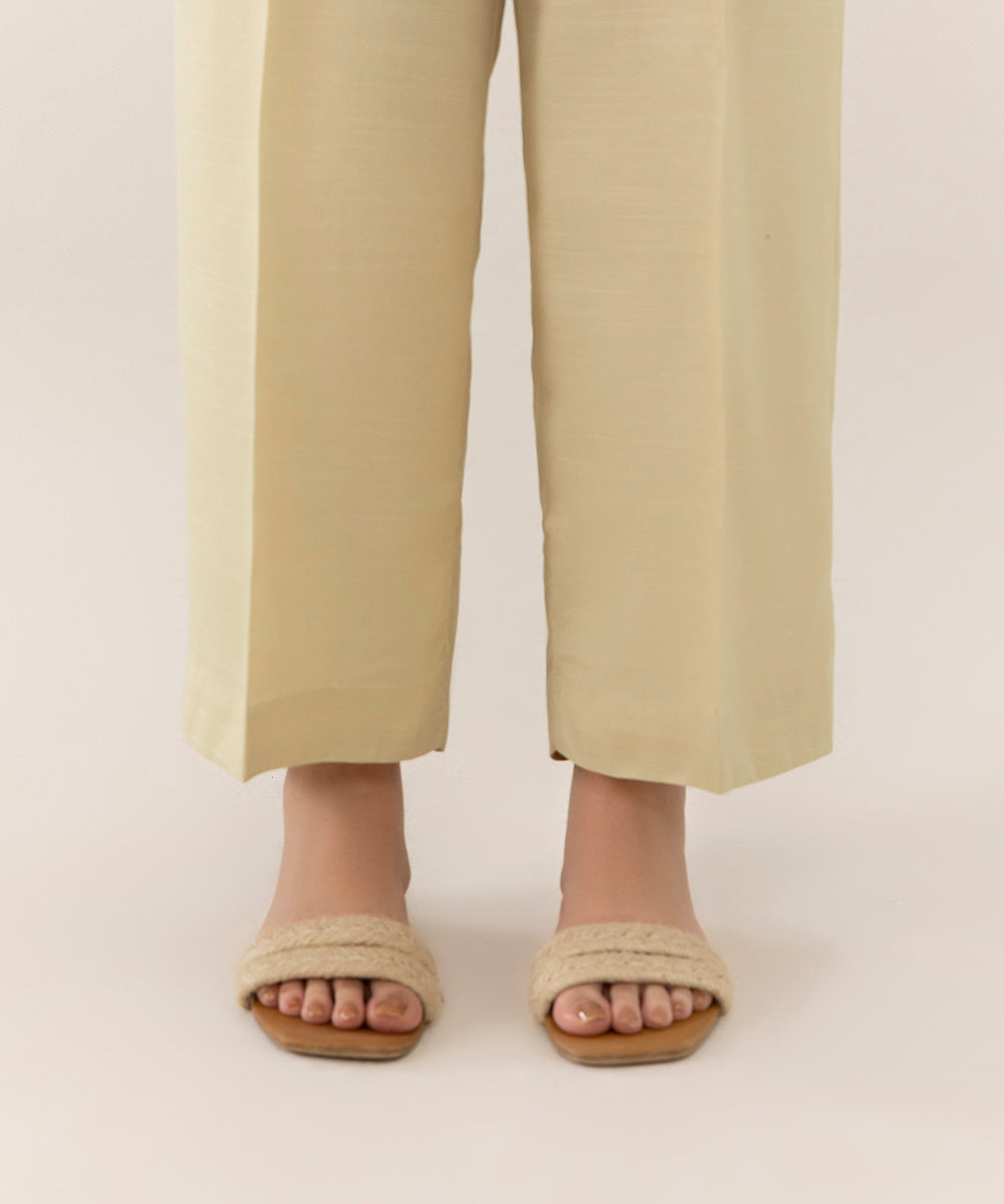 Women's Intermix Pret Raw Silk Plain Off White Trousers
