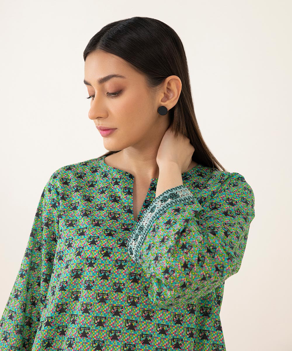Women's Intermix Pret Lawn Printed Embroidered Green Shirt