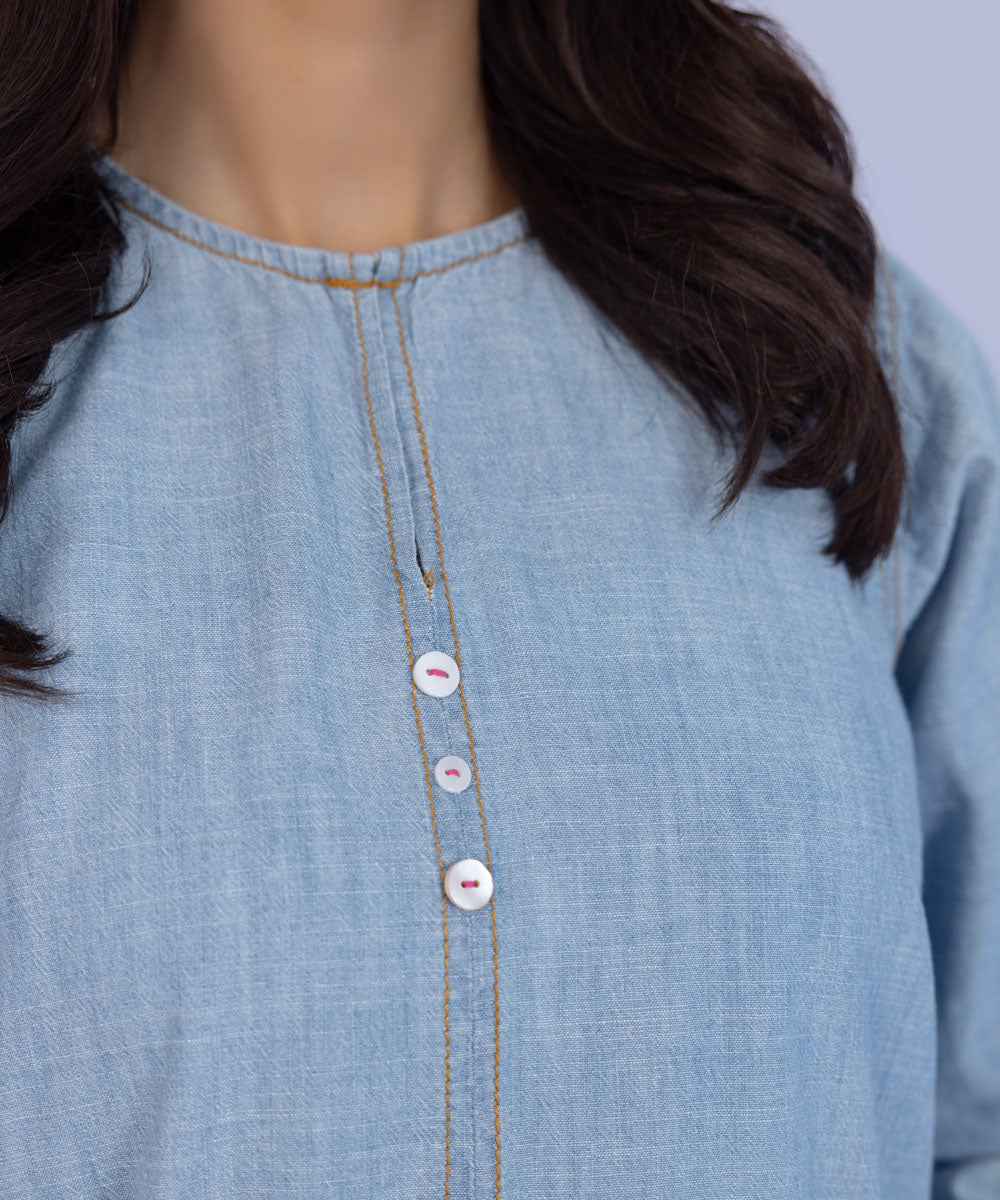 Women's Pret Cotton Denim Solid Blue Straight Shirt