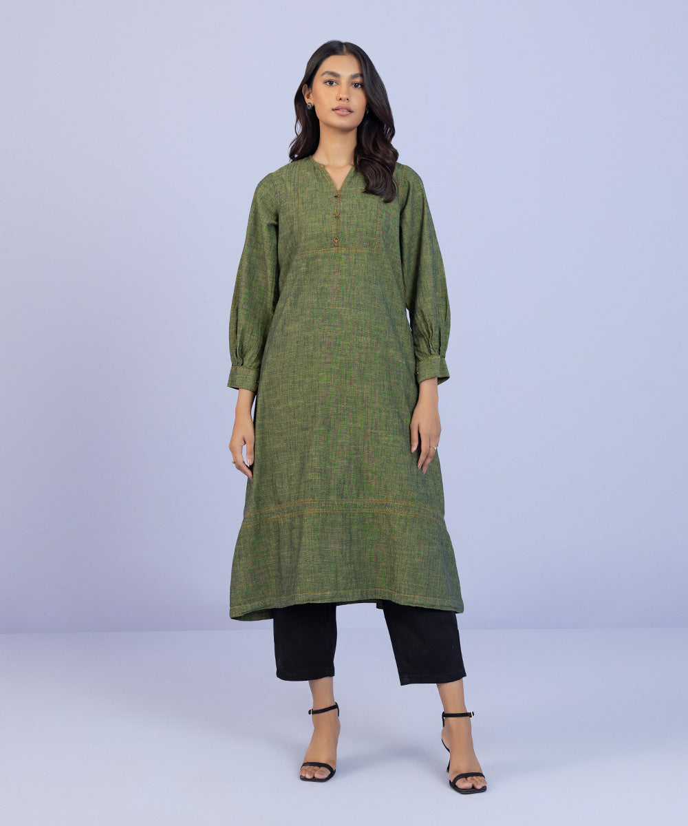 Women's Pret Cotton Denim Solid Green A-Line Shirt