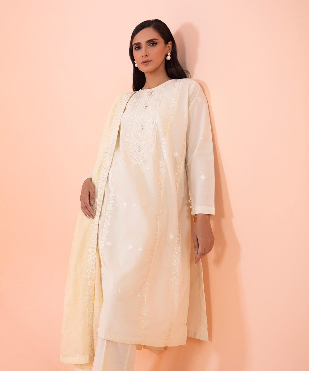 Women's Intermix Pret Chikankari Embroidered Cambric Off White 3 Piece Suit
