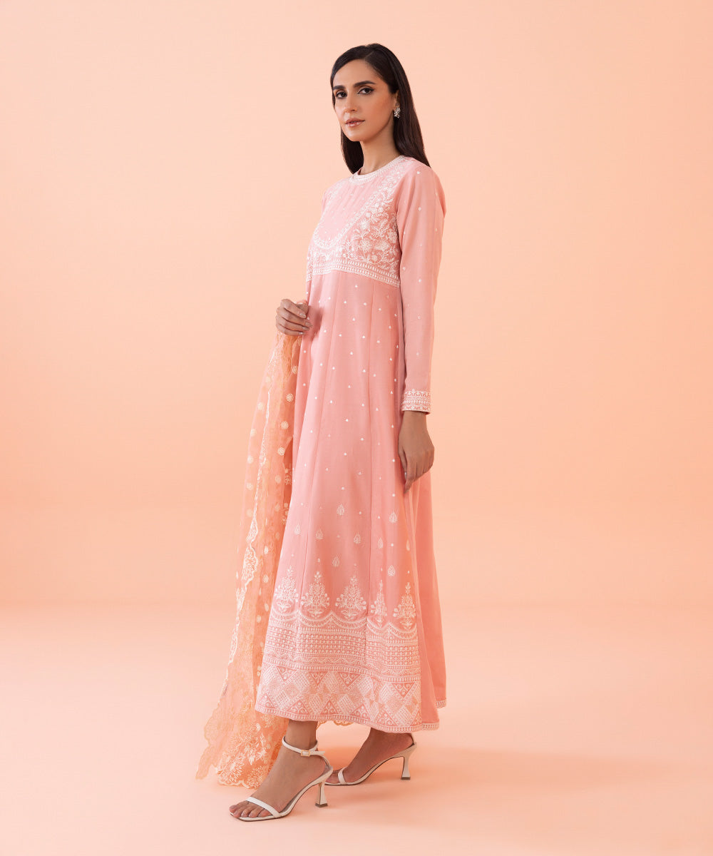 Women's Intermix Pret Chikankari Embroidered Fine Cotton Satin Pink 2 Piece Suit
