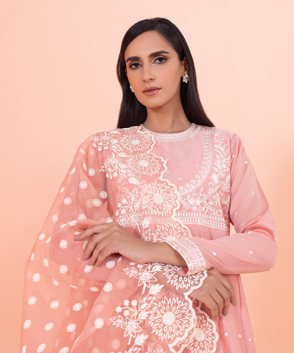 Women's Intermix Pret Chikankari Embroidered Fine Cotton Satin Pink 2 Piece Suit